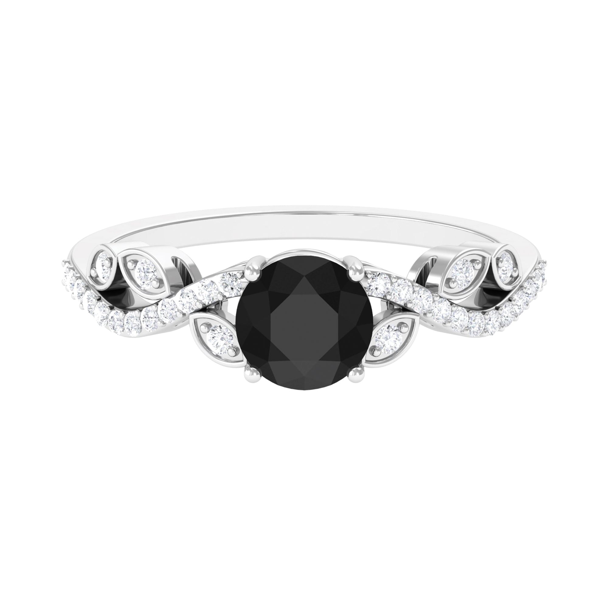 Round Created Black Diamond and Diamond Designer Engagement Ring Lab Created Black Diamond - ( AAAA ) - Quality - Rosec Jewels