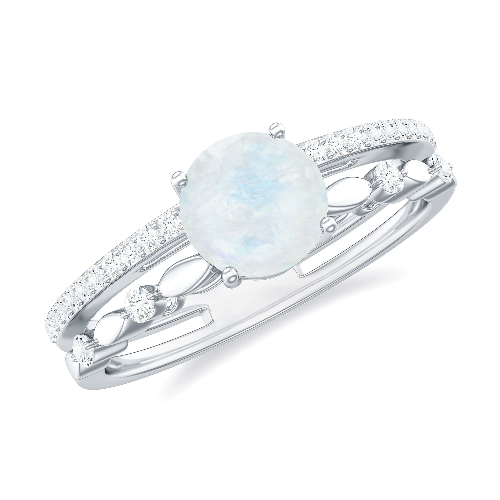 6 MM Moonstone Double Band Solitaire Engagement Ring with Diamond Moonstone - ( AAA ) - Quality - Rosec Jewels
