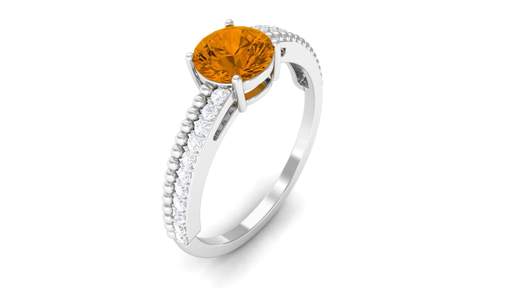 Round Citrine Solitaire Engagement Ring with Diamond Citrine - ( AAA ) - Quality - Rosec Jewels