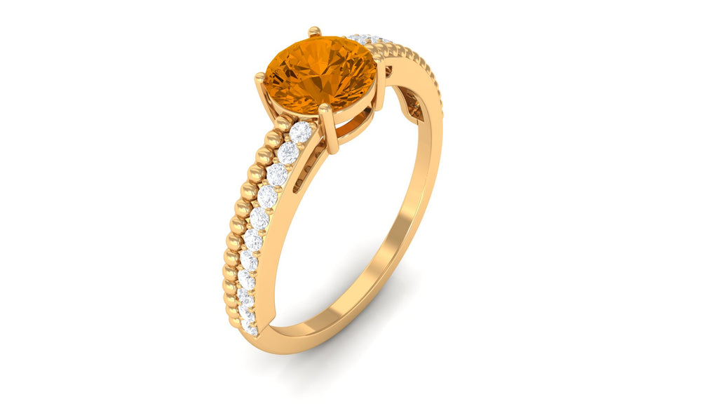 Round Citrine Solitaire Engagement Ring with Diamond Citrine - ( AAA ) - Quality - Rosec Jewels