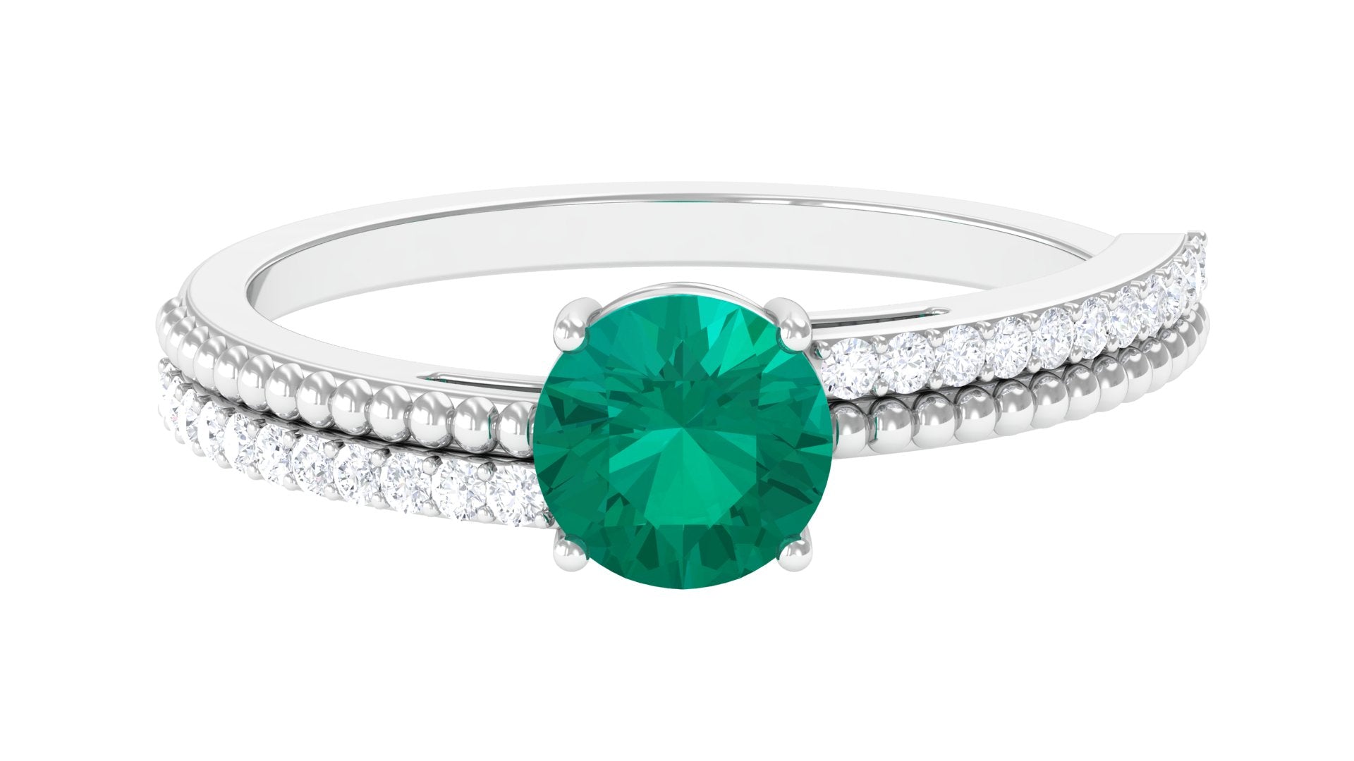 Emerald Solitaire Engagement Ring with Diamond Side Stones Emerald - ( AAA ) - Quality - Rosec Jewels