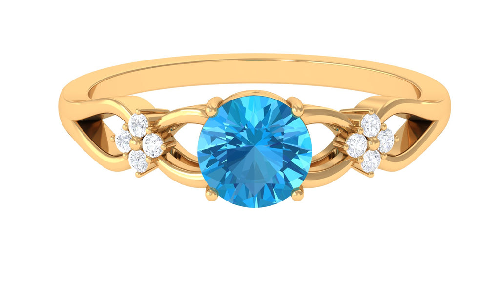 Pure Swiss Blue Topaz and Diamond Floral Solitaire Crossover Ring Swiss Blue Topaz - ( AAA ) - Quality - Rosec Jewels