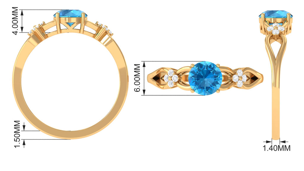 Pure Swiss Blue Topaz and Diamond Floral Solitaire Crossover Ring Swiss Blue Topaz - ( AAA ) - Quality - Rosec Jewels
