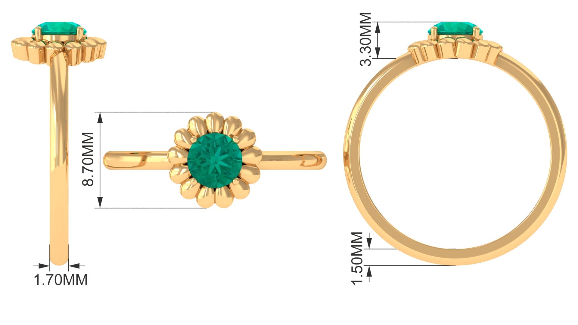 Gold Flower Ring with Round Cut Solitaire Emerald Emerald - ( AAA ) - Quality - Rosec Jewels