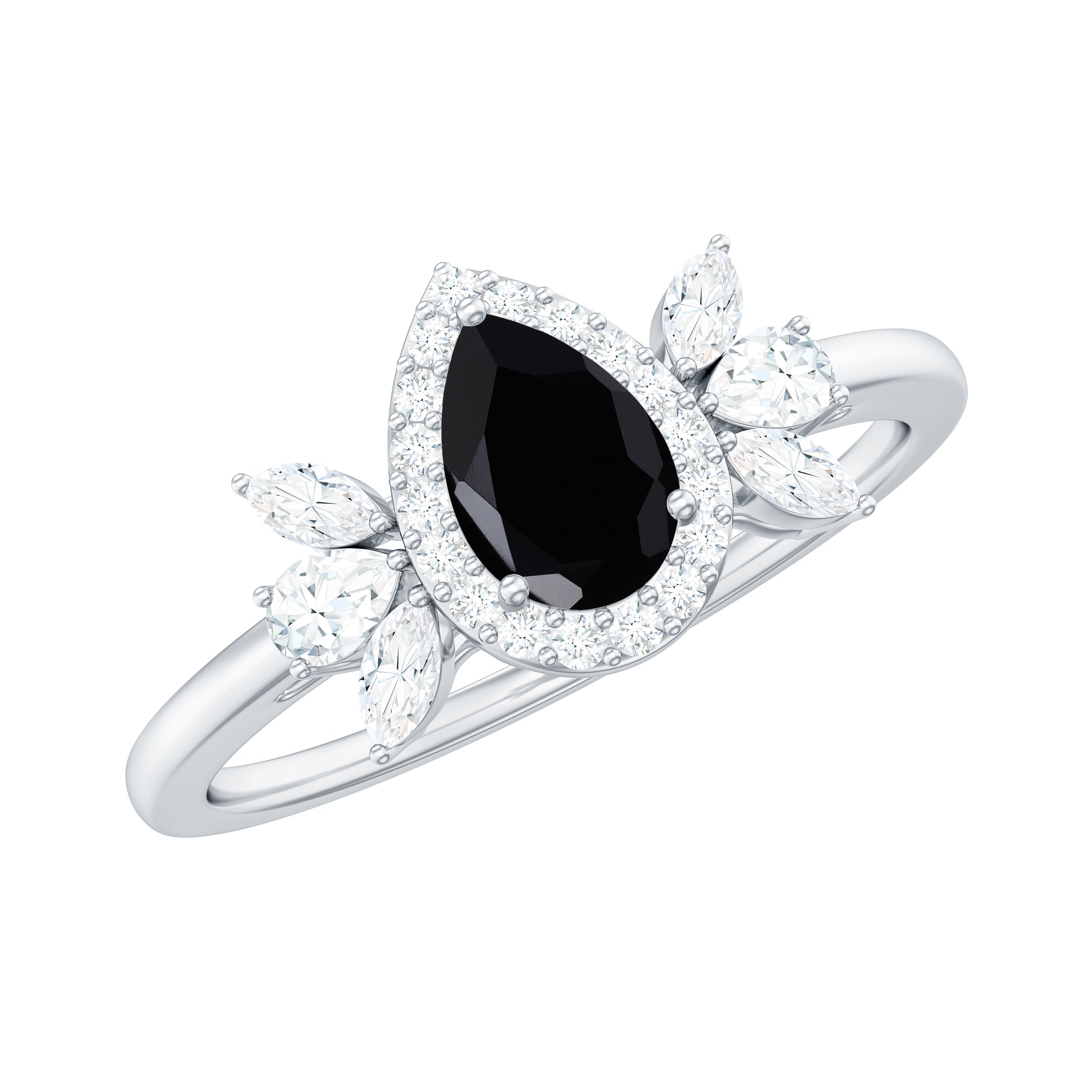 Black Diamond Teardrop Engagement Ring with Moissanite Halo Black Diamond - ( AAA ) - Quality - Rosec Jewels