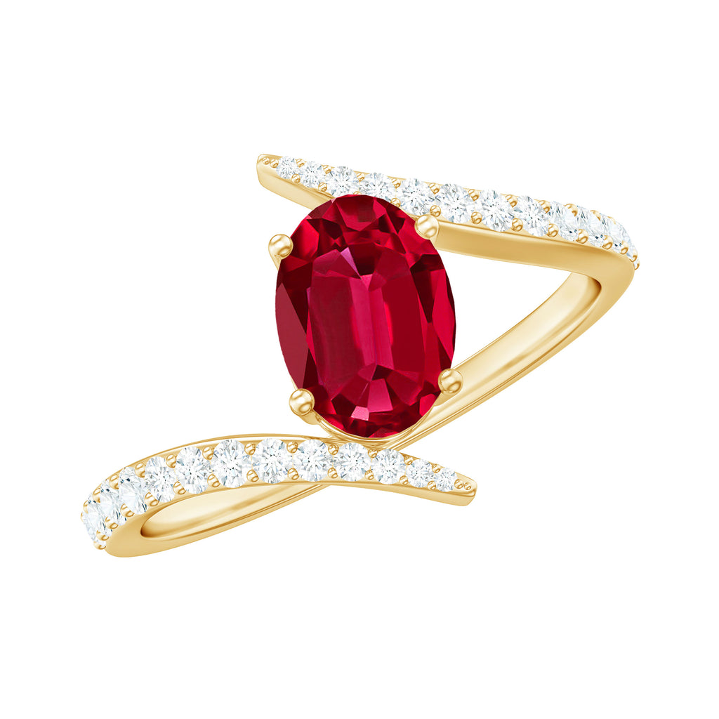 1.5 CT Oval Lab Created Ruby Solitaire Bypass Ring with Diamond Lab Created Ruby - ( AAAA ) - Quality - Rosec Jewels