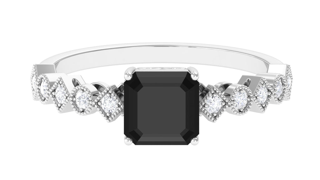 1.5 CT Asscher Black Spinel Solitaire Engagement Ring with Diamond Black Spinel - ( AAA ) - Quality - Rosec Jewels