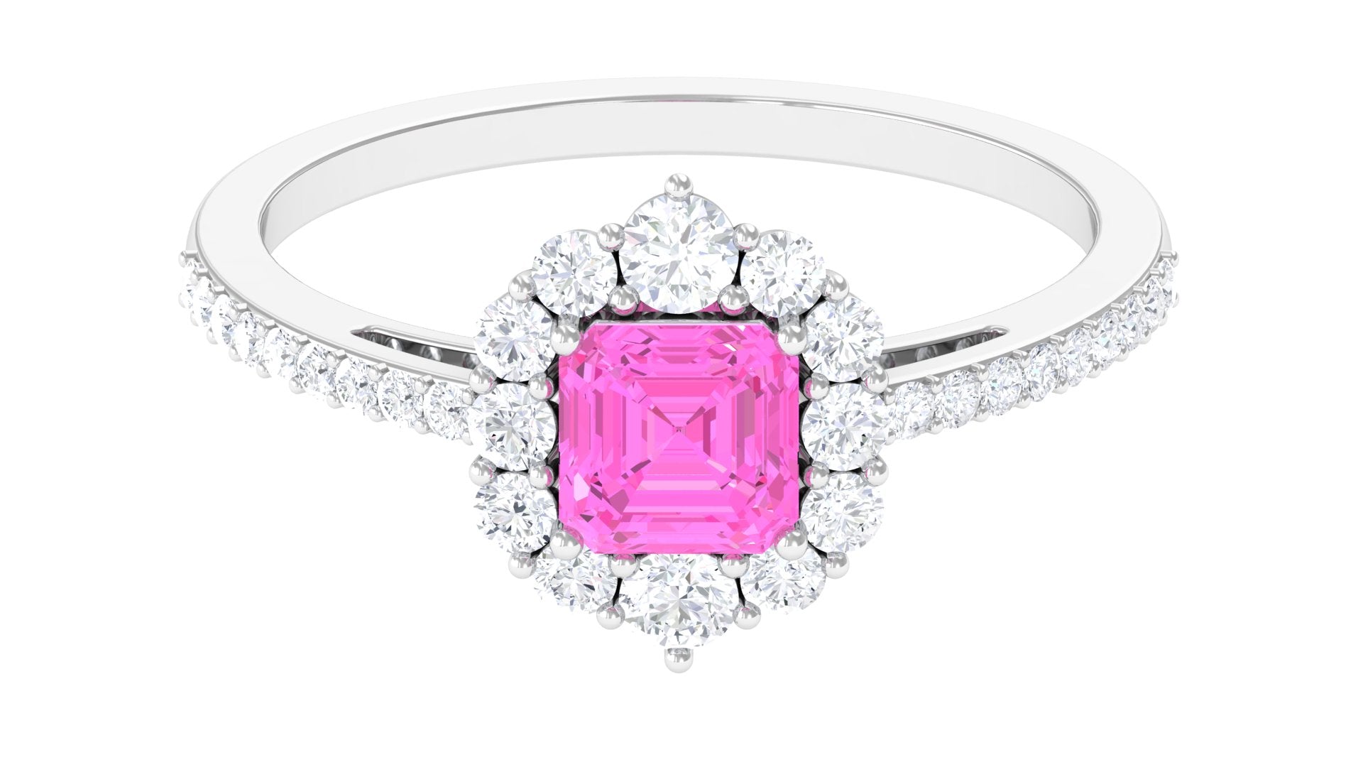 Asscher Cut Created Pink Sapphire Halo Engagement Ring with Diamond Lab Created Pink Sapphire - ( AAAA ) - Quality - Rosec Jewels