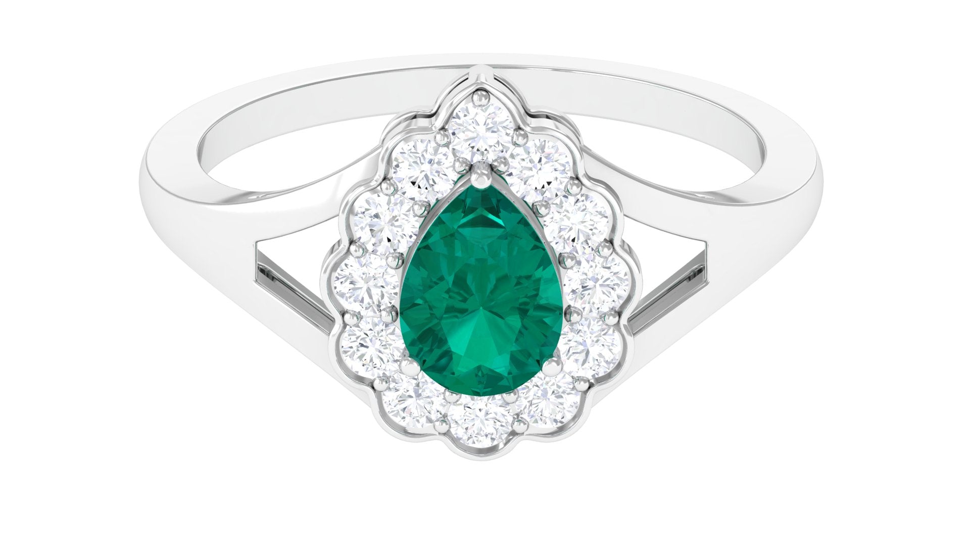 Pear Shaped Emerald Halo Engagement Ring with Diamond in Split Shank Emerald - ( AAA ) - Quality - Rosec Jewels