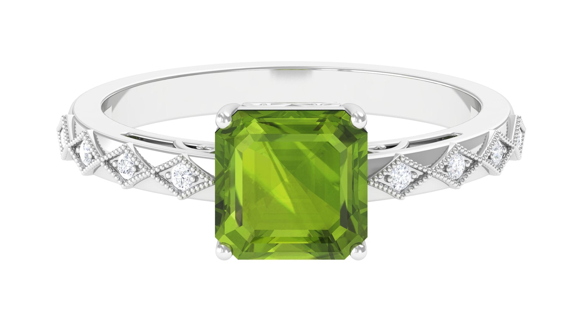 Asscher Cut Peridot Beaded Engagement Ring with Diamond Peridot - ( AAA ) - Quality - Rosec Jewels