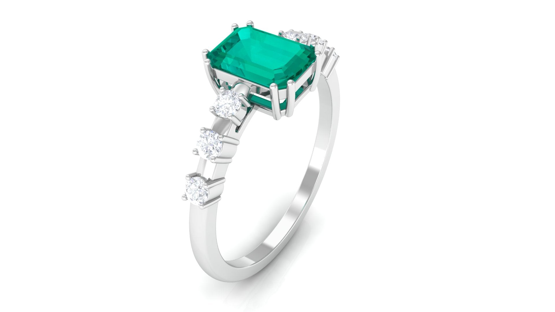 1.5 CT Octagon shape Emerald Engagement Ring with Diamond Side Stones Emerald - ( AAA ) - Quality - Rosec Jewels