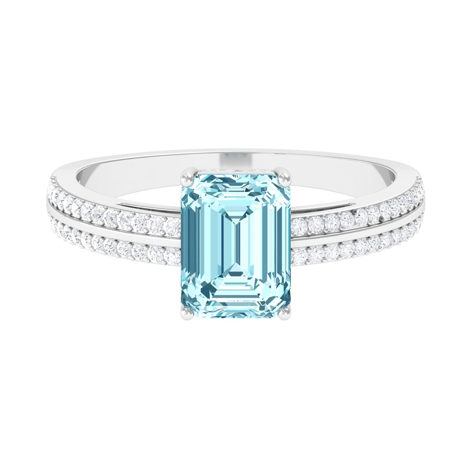 Emerald Cut Aquamarine and Diamond Solitaire Engagement Ring Aquamarine - ( AAA ) - Quality - Rosec Jewels