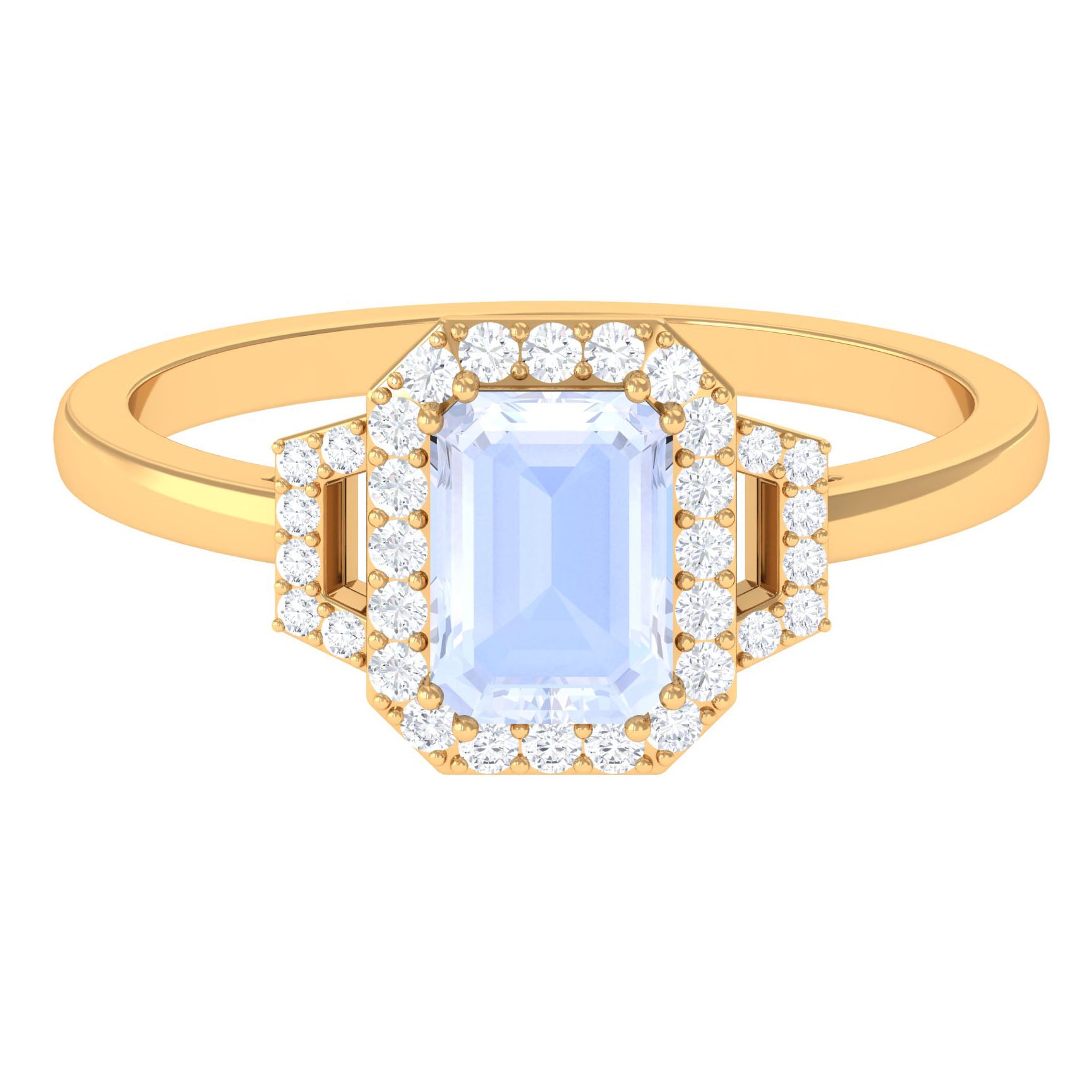 Emerald Cut Moonstone Halo Engagement Ring with Diamond Moonstone - ( AAA ) - Quality - Rosec Jewels