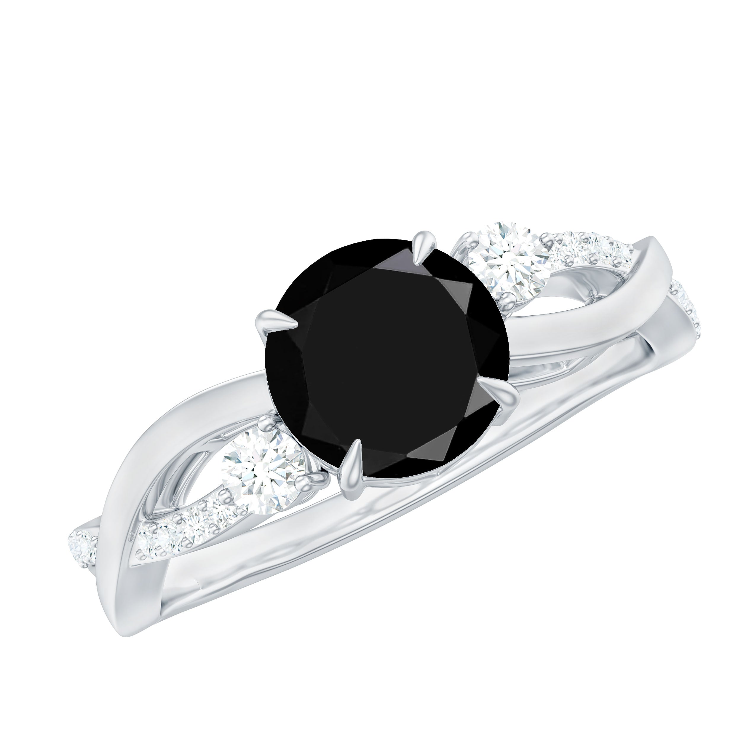Created Black Diamond and Diamond Engagement Ring with Crossover Shank Lab Created Black Diamond - ( AAAA ) - Quality - Rosec Jewels
