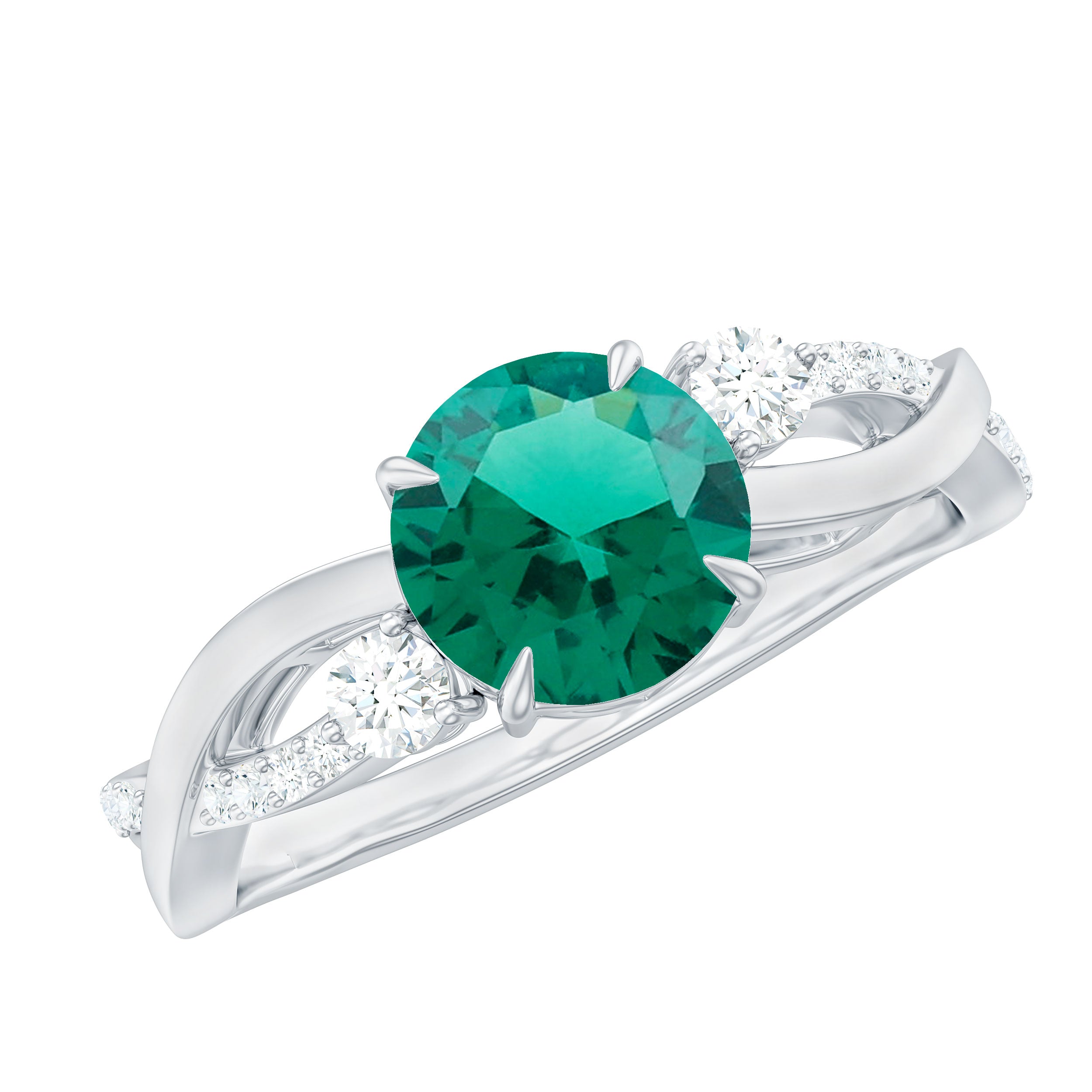 Created Emerald and Diamond Engagement Ring with Crossover Shank Lab Created Emerald - ( AAAA ) - Quality - Rosec Jewels