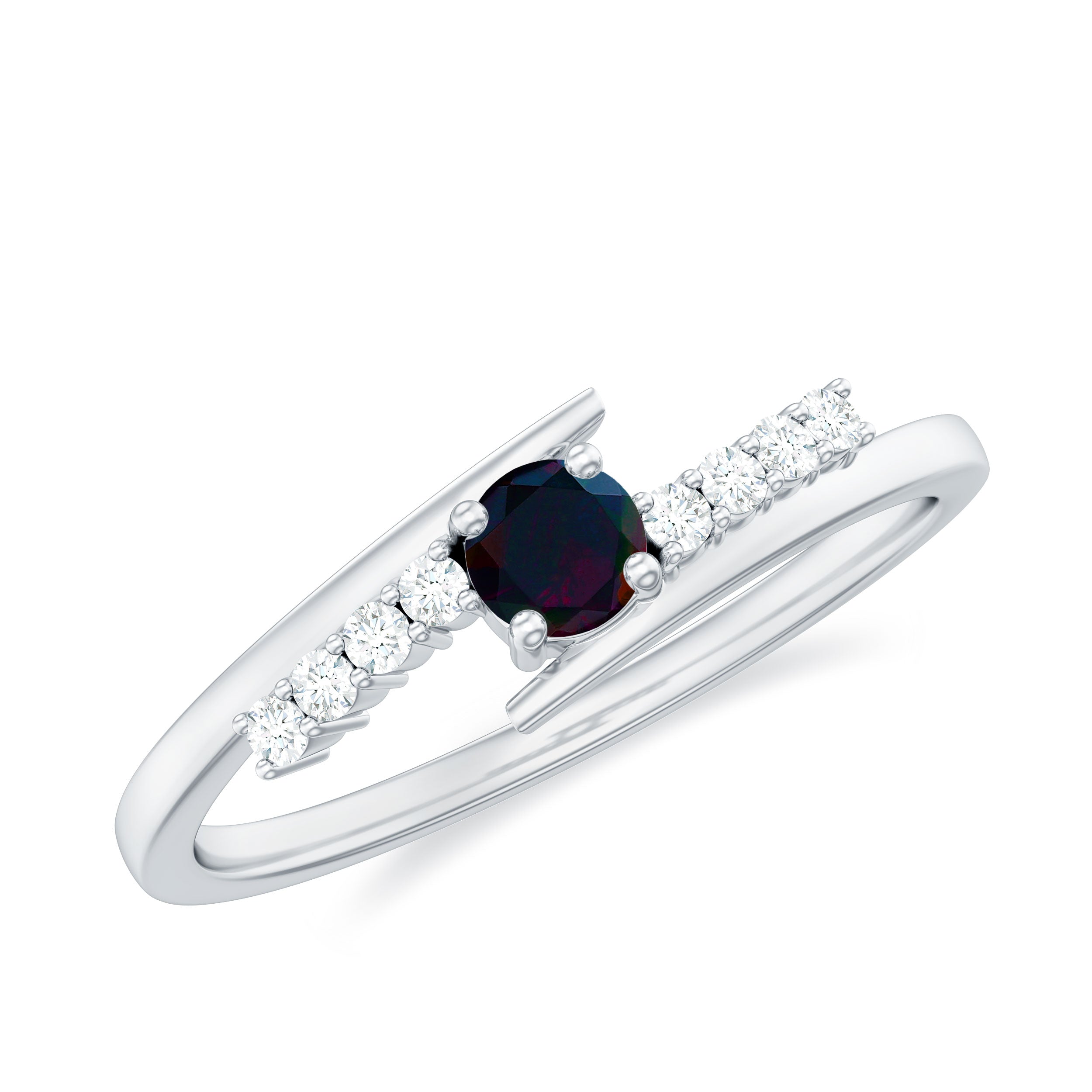 Minimal Round Black Opal and Diamond Bypass Promise Ring Black Opal - ( AAA ) - Quality - Rosec Jewels