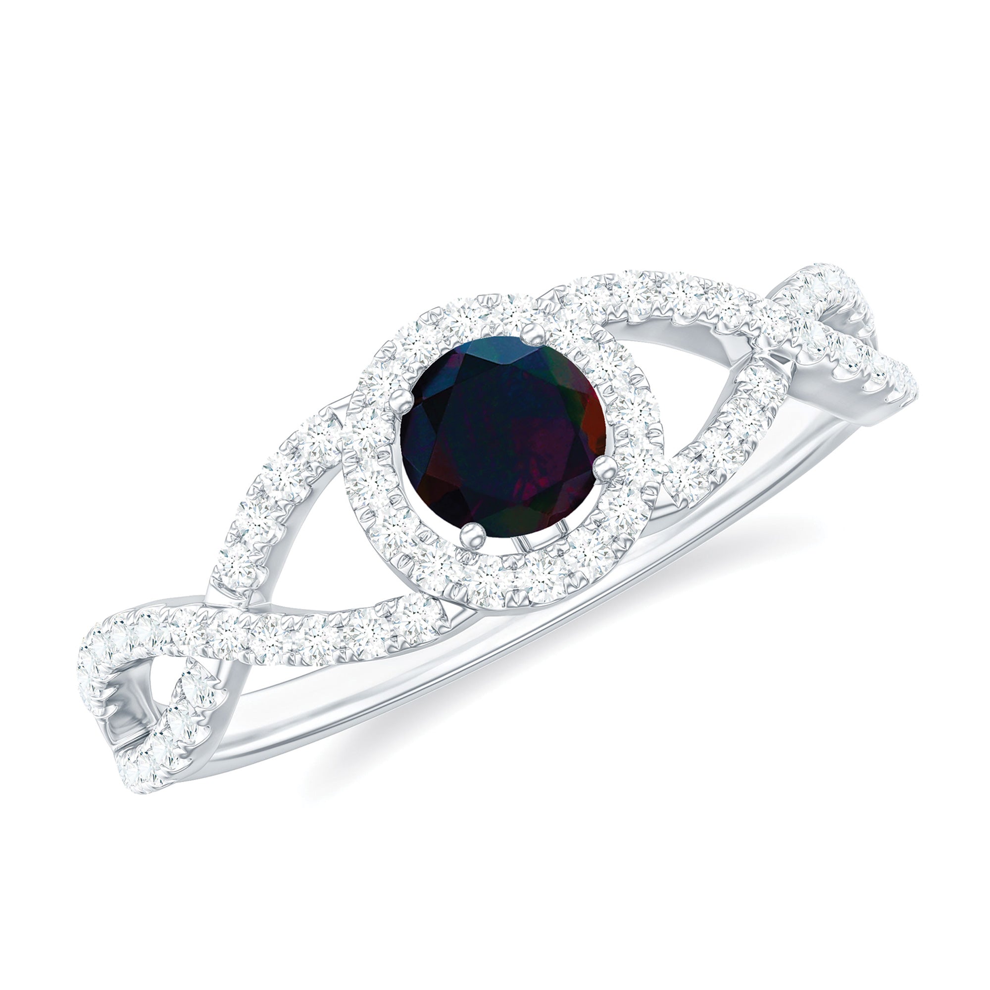 Criss Cross Shank Black Opal and Diamond Halo Engagement Ring Black Opal - ( AAA ) - Quality - Rosec Jewels