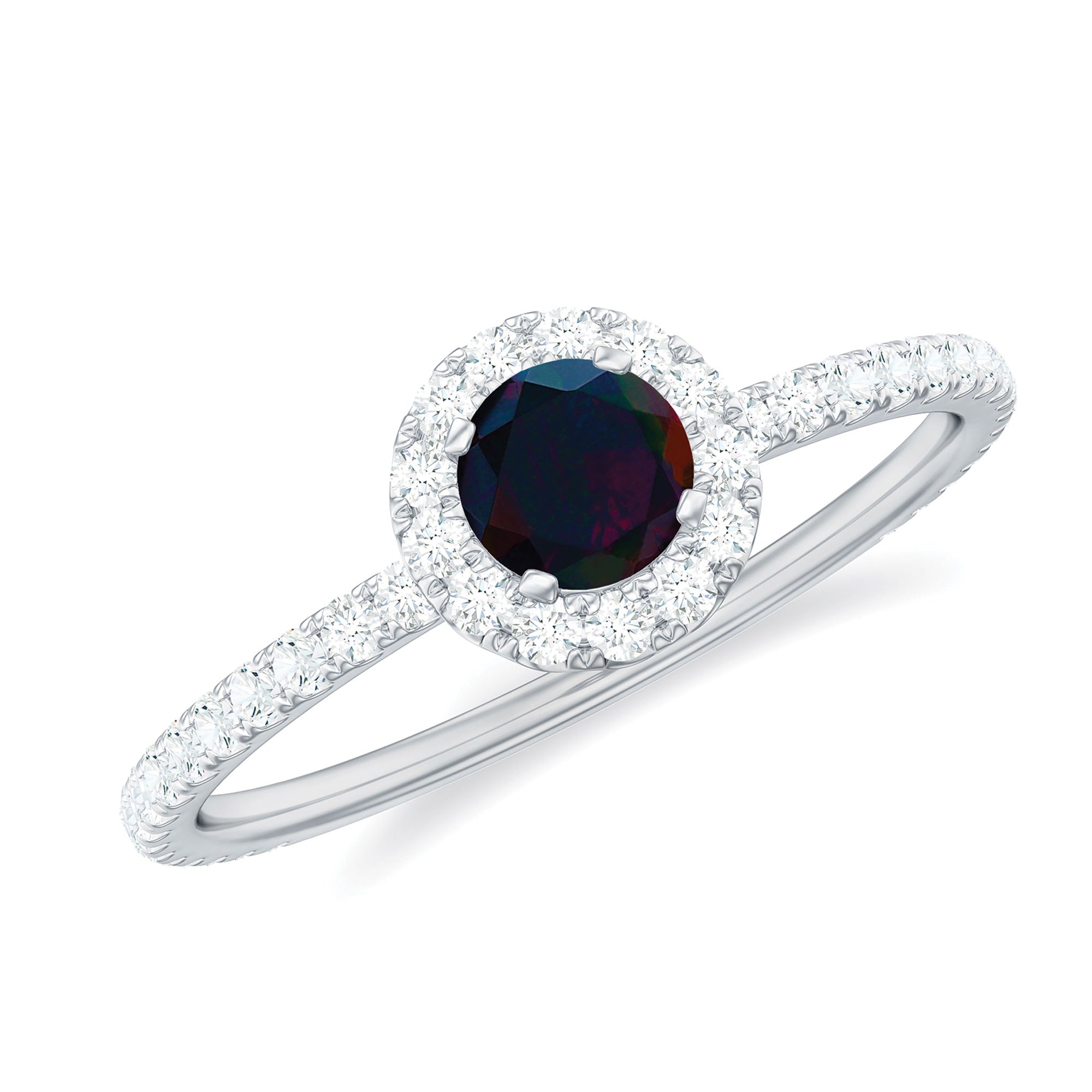 3/4 CT Minimal Black Opal Engagement Ring with Diamond Halo Black Opal - ( AAA ) - Quality - Rosec Jewels
