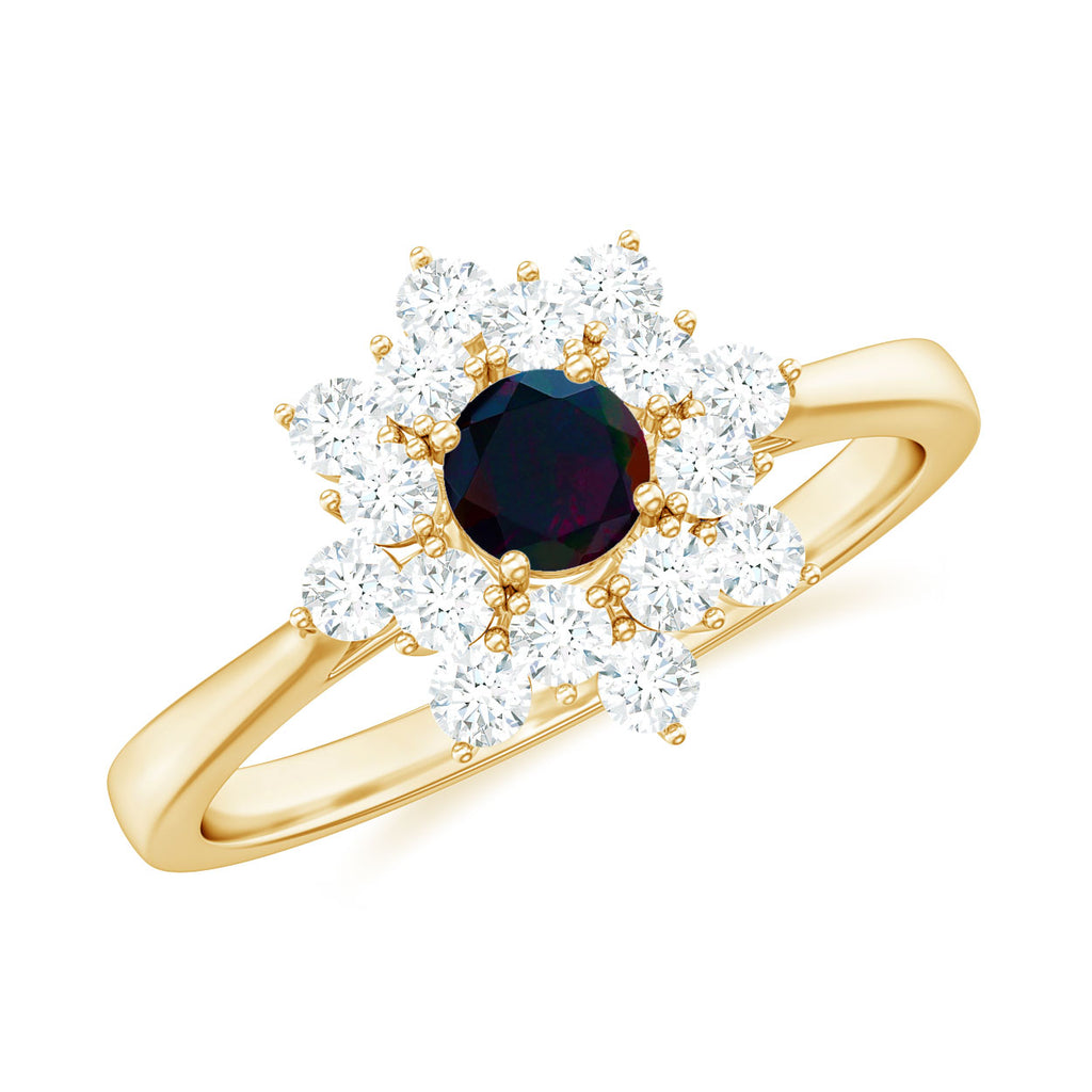 Black Opal and Diamond Flower Cluster Engagement Ring Black Opal - ( AAA ) - Quality - Rosec Jewels