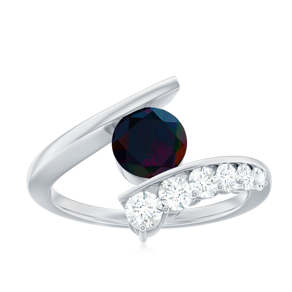 Round Black Opal Solitaire Bypass Ring with Diamond Black Opal - ( AAA ) - Quality - Rosec Jewels