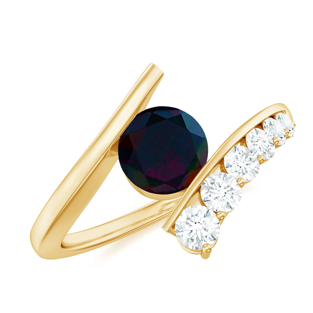 Round Black Opal Solitaire Bypass Ring with Diamond Black Opal - ( AAA ) - Quality - Rosec Jewels