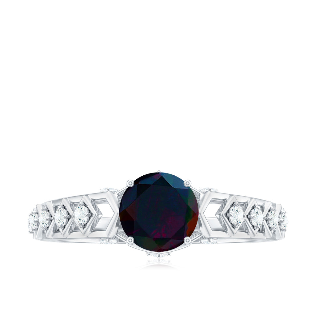 1 CT Round Black Opal Solitaire Art Deco Ring with Diamond Black Opal - ( AAA ) - Quality - Rosec Jewels