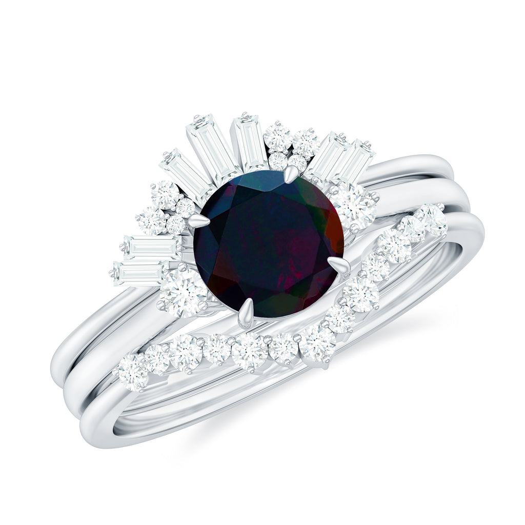 Black Opal Designer Trio Wedding Ring Set with Diamond Black Opal - ( AAA ) - Quality - Rosec Jewels