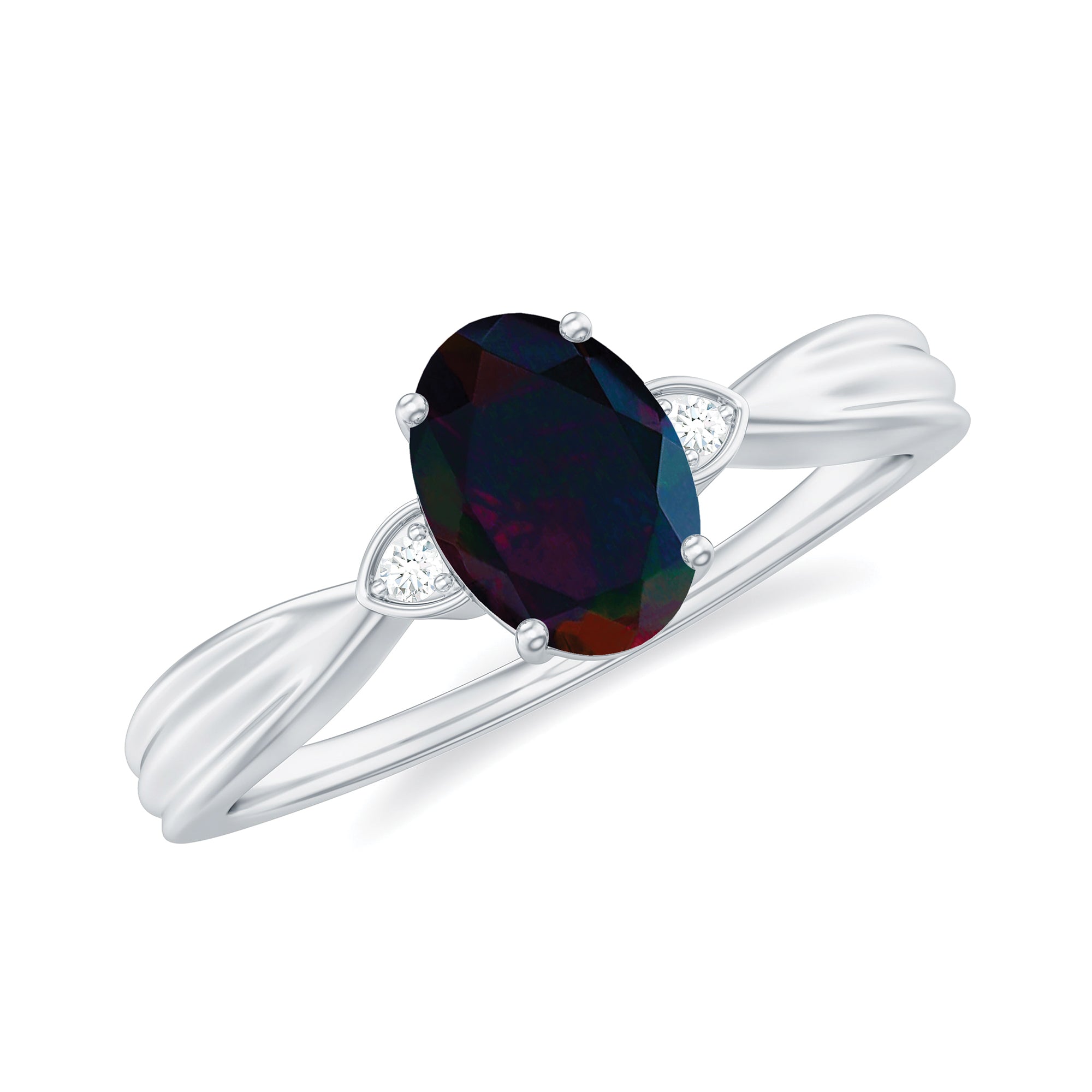 Oval Cut Real Black Opal Solitaire Ring with Diamond Black Opal - ( AAA ) - Quality - Rosec Jewels