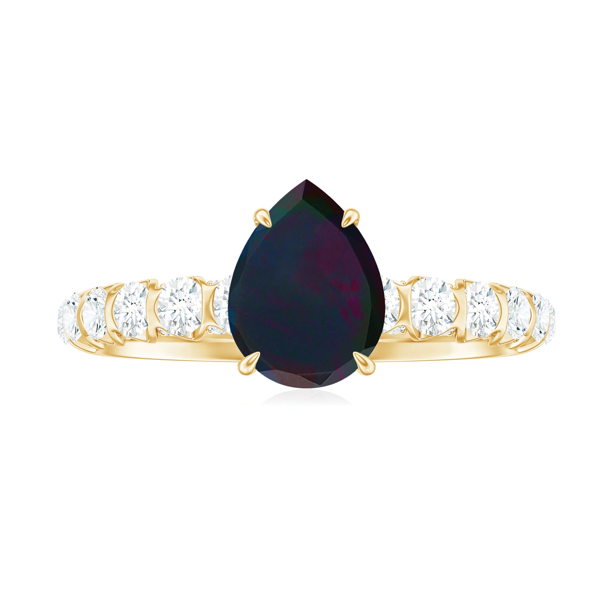 Pear Shape Black Opal Solitaire Engagement Ring with Diamond Black Opal - ( AAA ) - Quality - Rosec Jewels