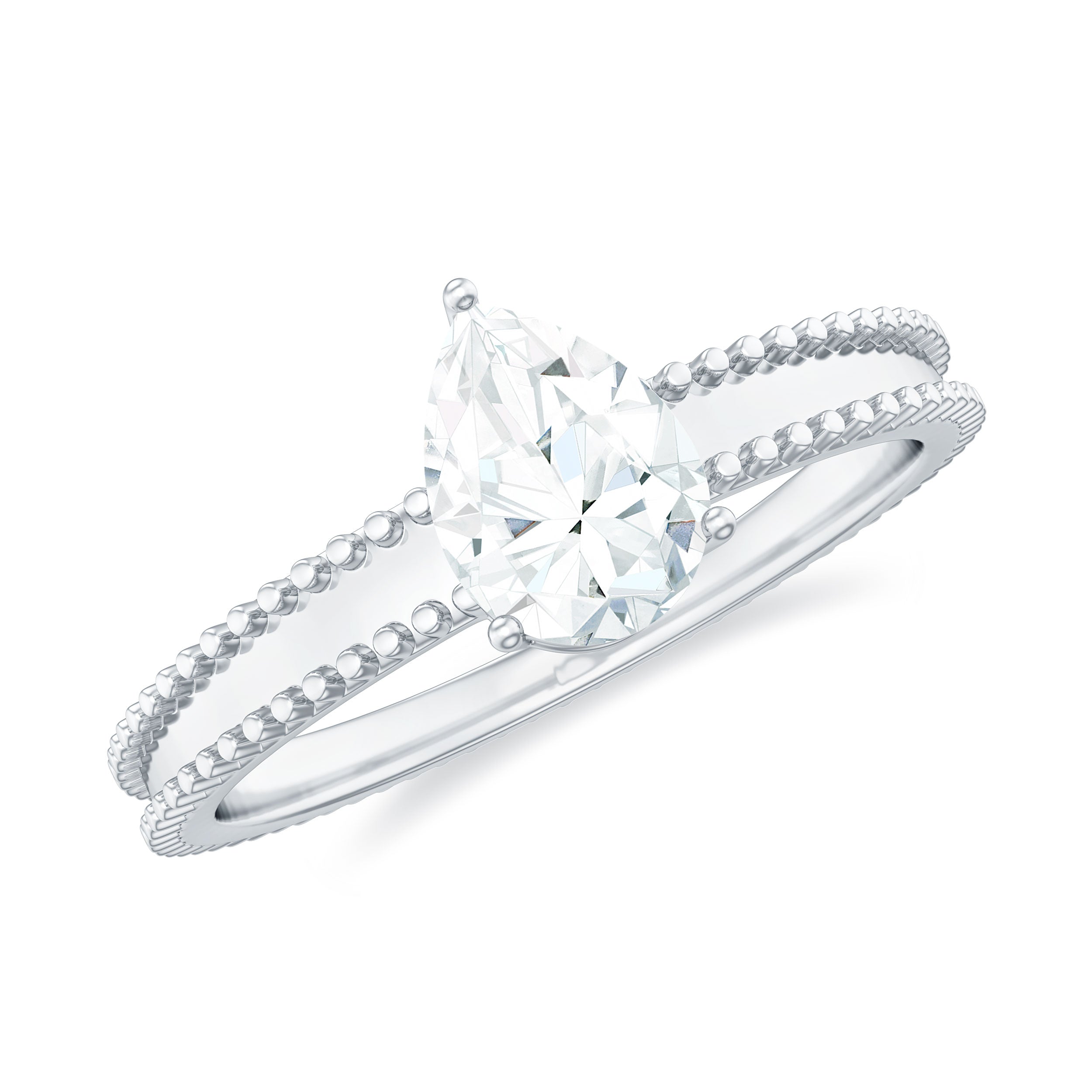 Pear Lab Grown Diamond Solitaire Ring with Beaded Detailing Lab Grown Diamond - ( EF-VS ) - Color and Clarity - Rosec Jewels