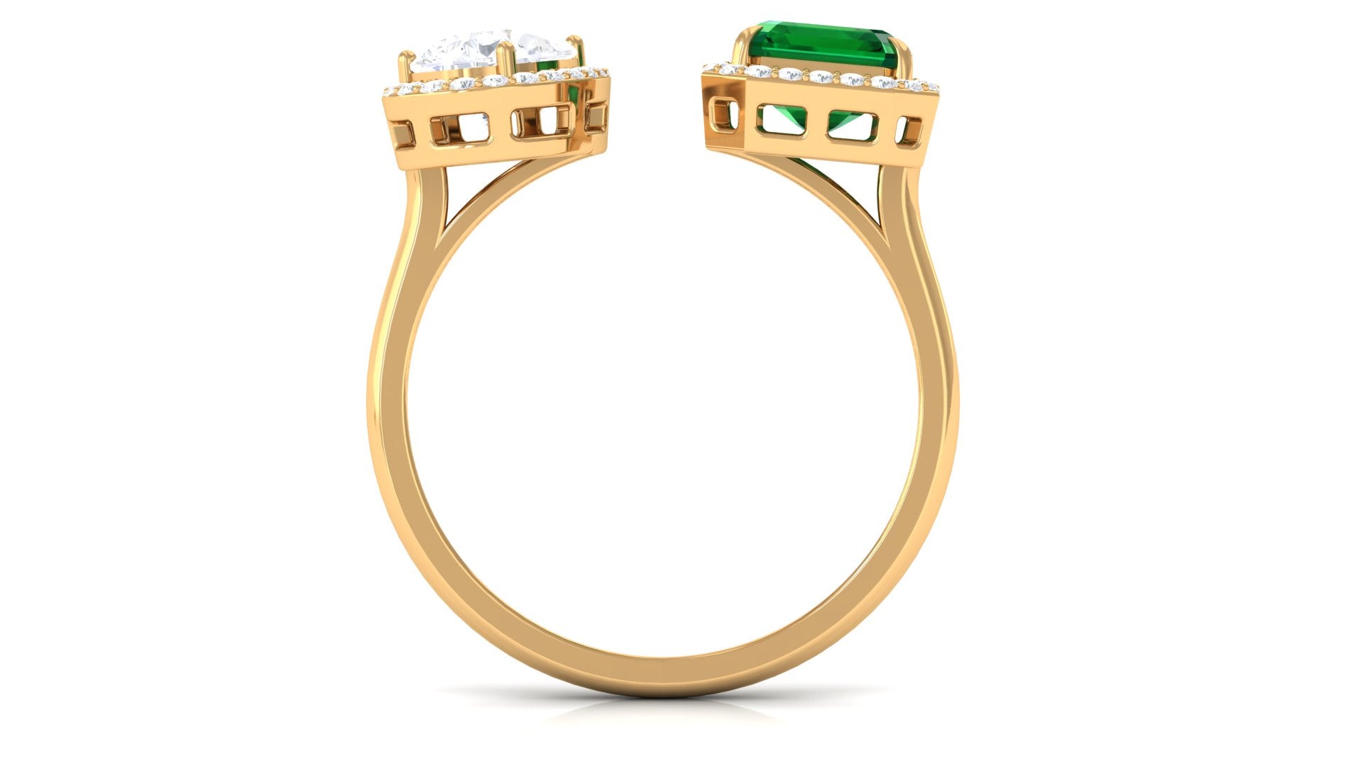 4 CT Created Emerald and Moissanite Two Stone Cuff Ring in Gold Lab Created Emerald - ( AAAA ) - Quality - Rosec Jewels