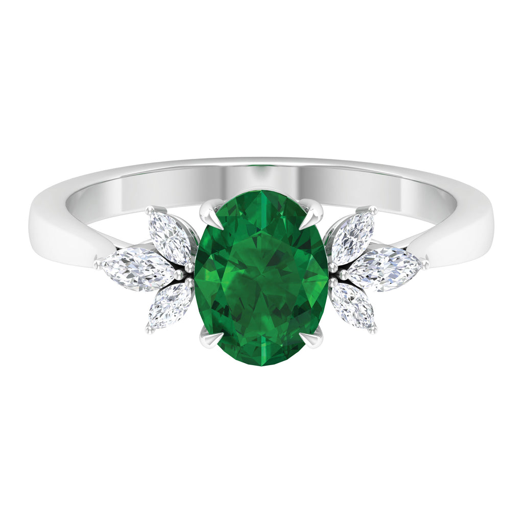 Claw Set Oval shape Emerald Solitaire Ring with Marquise Diamond Trio