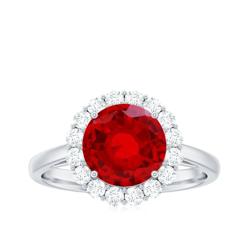 Round Shape Lab-Created Ruby Simple Halo Ring with Diamond Lab Created Ruby - ( AAAA ) - Quality - Rosec Jewels