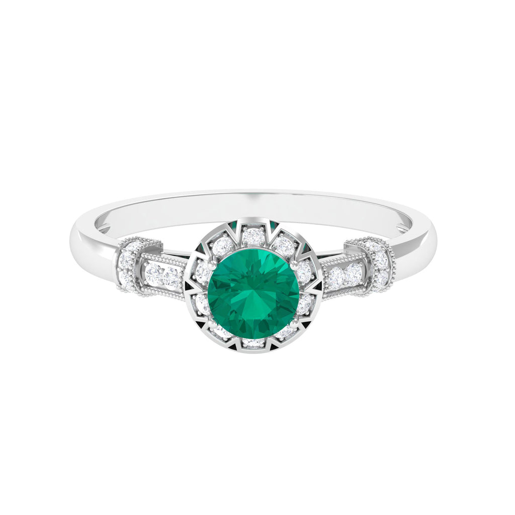 3/4 CT Vintage Inspired Emerald Engagement Ring with Diamond