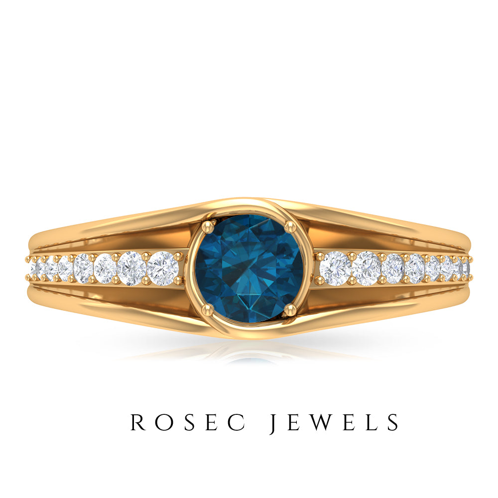 3/4 CT Round Shape London Blue Topaz Solitaire Ring with Diamond Side Stones London Blue Topaz - ( AAA ) - Quality - Rosec Jewels