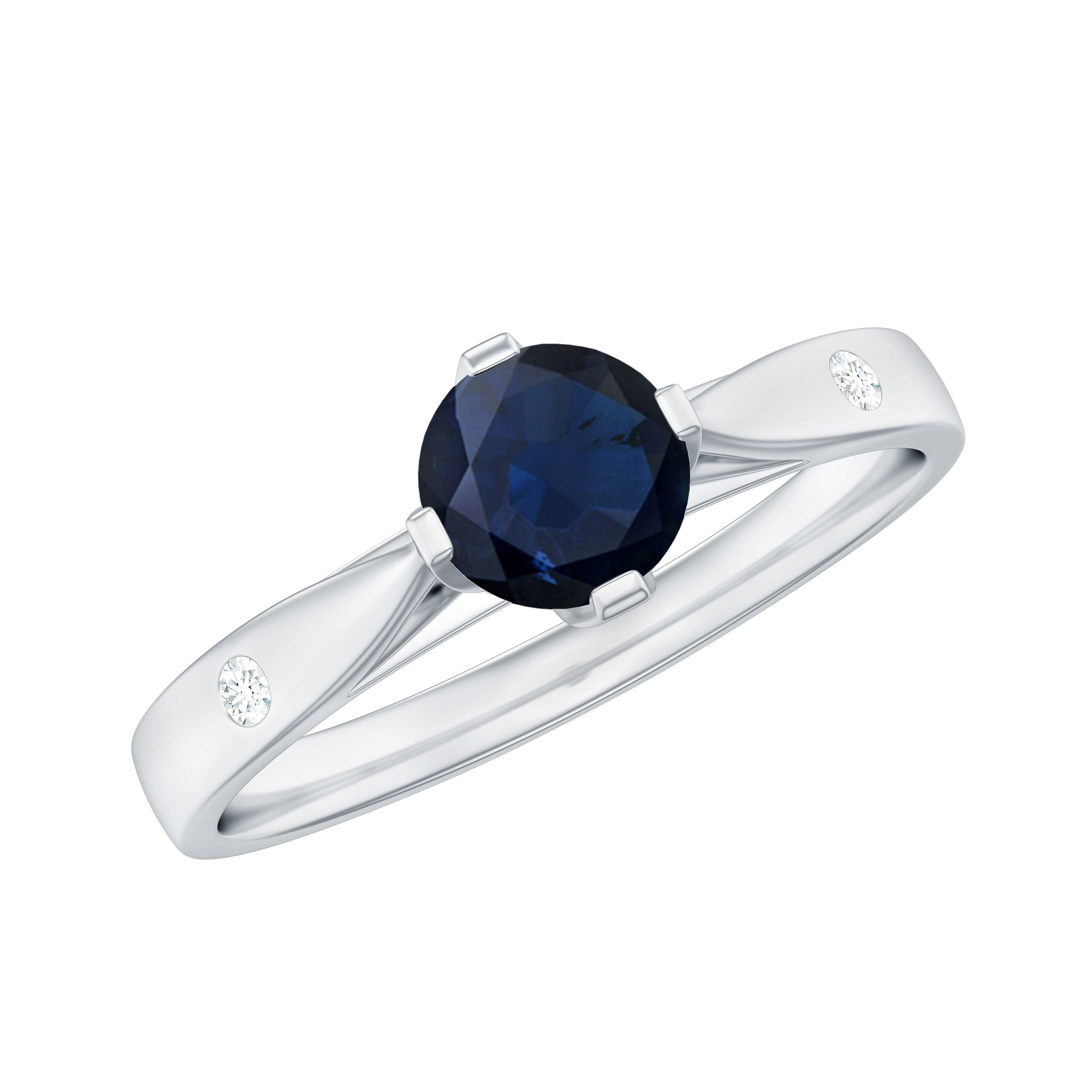 Round Solitaire Blue Sapphire Promise Ring with Diamond Blue Sapphire - ( AAA ) - Quality - Rosec Jewels