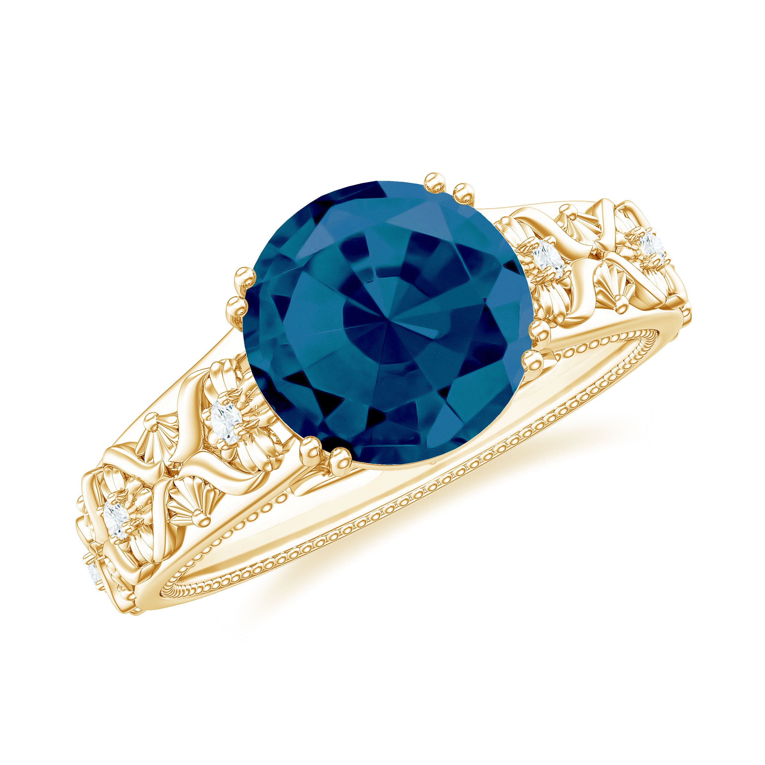 Solitaire London Blue Topaz Flower Engagement Ring with Diamond London Blue Topaz - ( AAA ) - Quality - Rosec Jewels