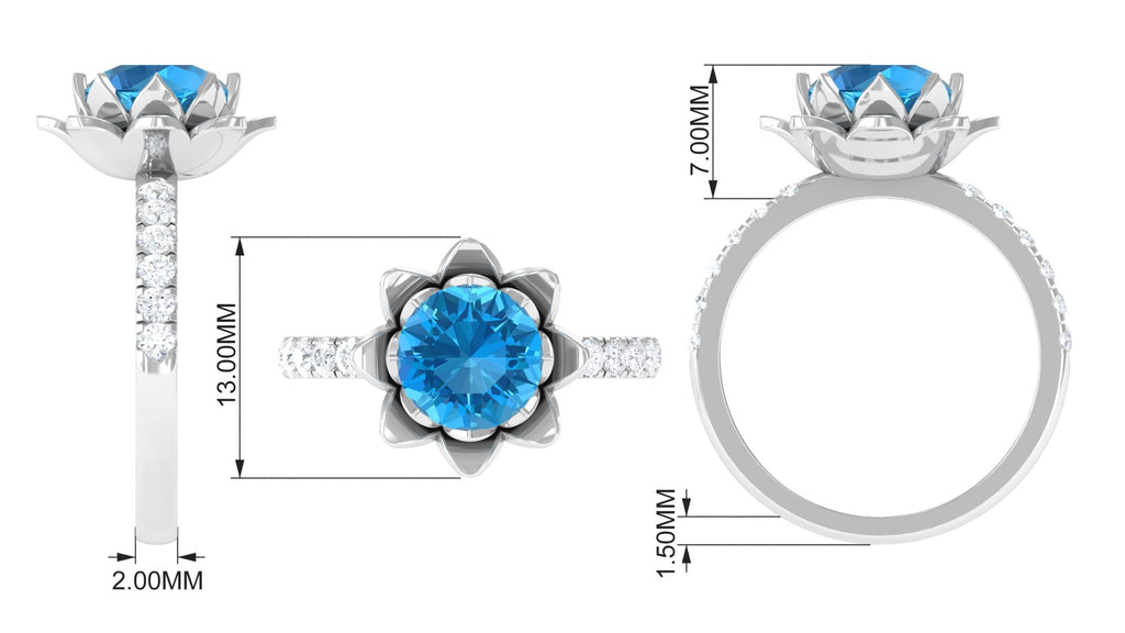 2.75 CT Swiss Blue Topaz Floral Ring with Moissanite Accent Swiss Blue Topaz - ( AAA ) - Quality - Rosec Jewels