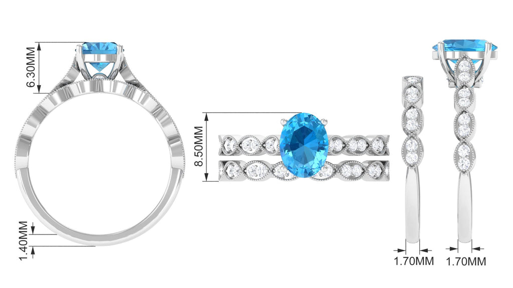 2 CT Oval Cut Swiss Blue Topaz and Moissanite Solitaire Ring with Semi Eternity Ring Swiss Blue Topaz - ( AAA ) - Quality - Rosec Jewels