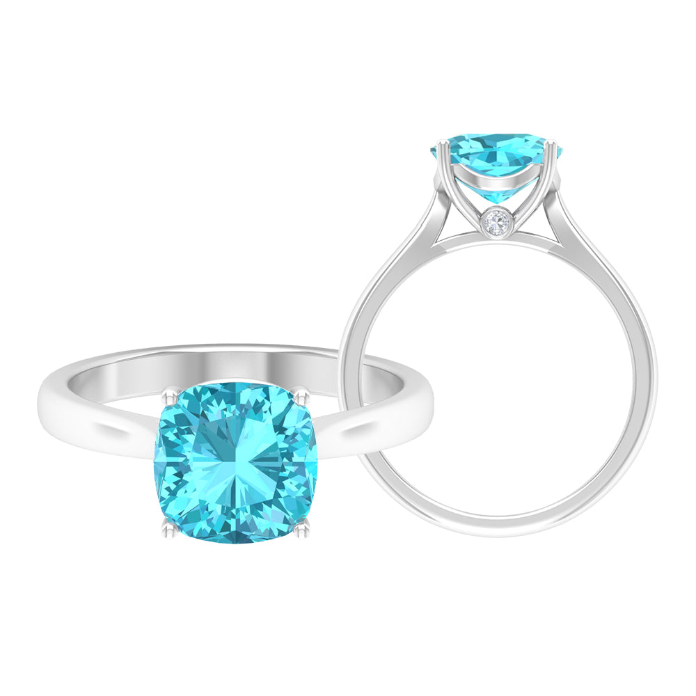 Cushion Cut Swiss Blue Topaz Solitaire Engagement Ring with Surprise Diamond Swiss Blue Topaz - ( AAA ) - Quality - Rosec Jewels