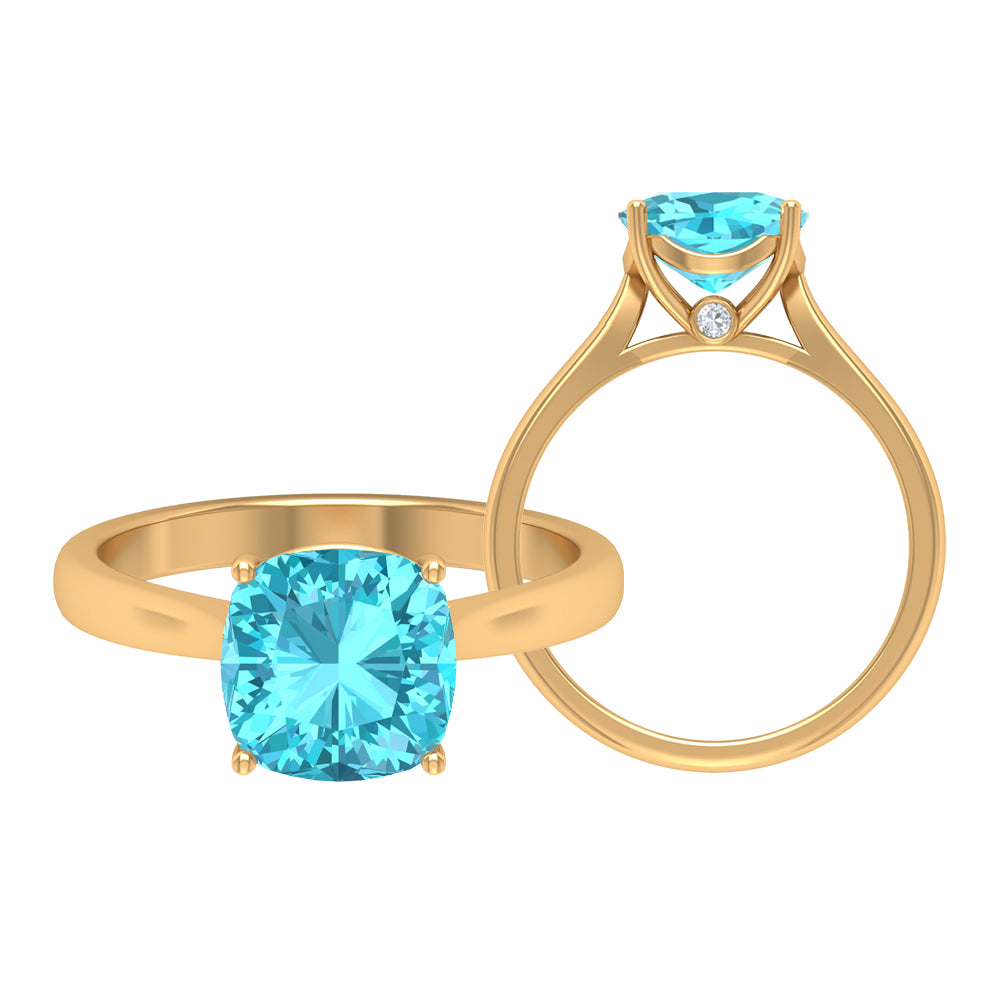 Cushion Cut Swiss Blue Topaz Solitaire Engagement Ring with Surprise Diamond Swiss Blue Topaz - ( AAA ) - Quality - Rosec Jewels