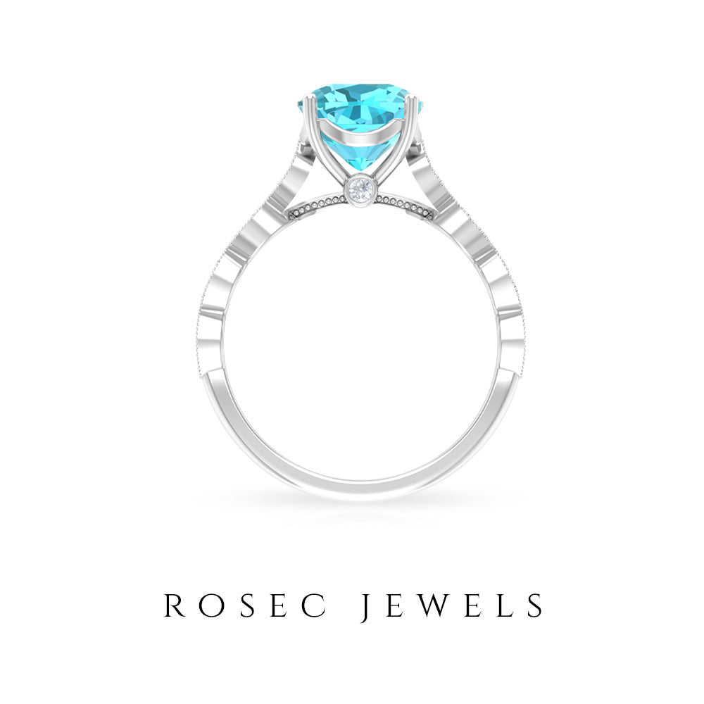 3 CT Cushion Swiss Blue Topaz Vintage Engagement Ring with Diamond Swiss Blue Topaz - ( AAA ) - Quality - Rosec Jewels