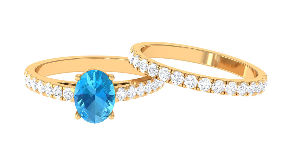 3 CT Oval Swiss Blue Topaz Wedding Ring Set with Moissanite in Gold Swiss Blue Topaz - ( AAA ) - Quality - Rosec Jewels