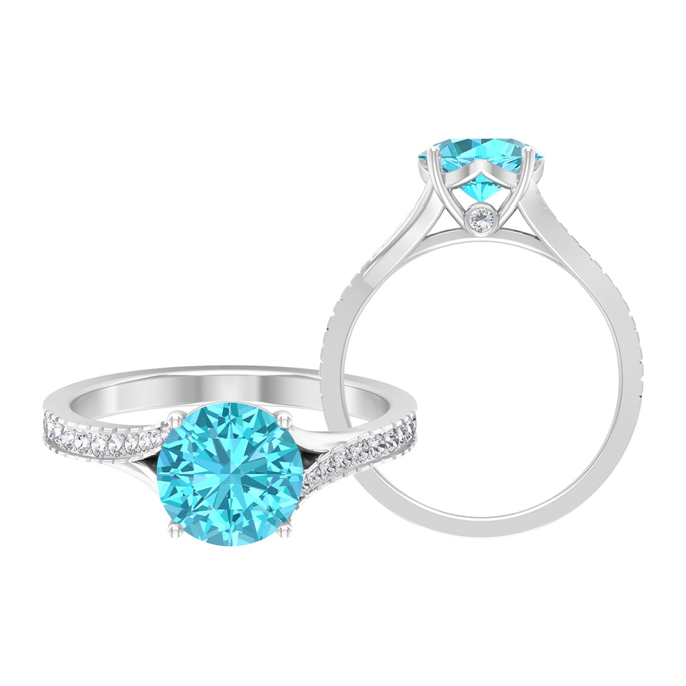 Split Shank Swiss Blue Topaz Solitaire Engagement Ring with Diamond Accent Swiss Blue Topaz - ( AAA ) - Quality - Rosec Jewels