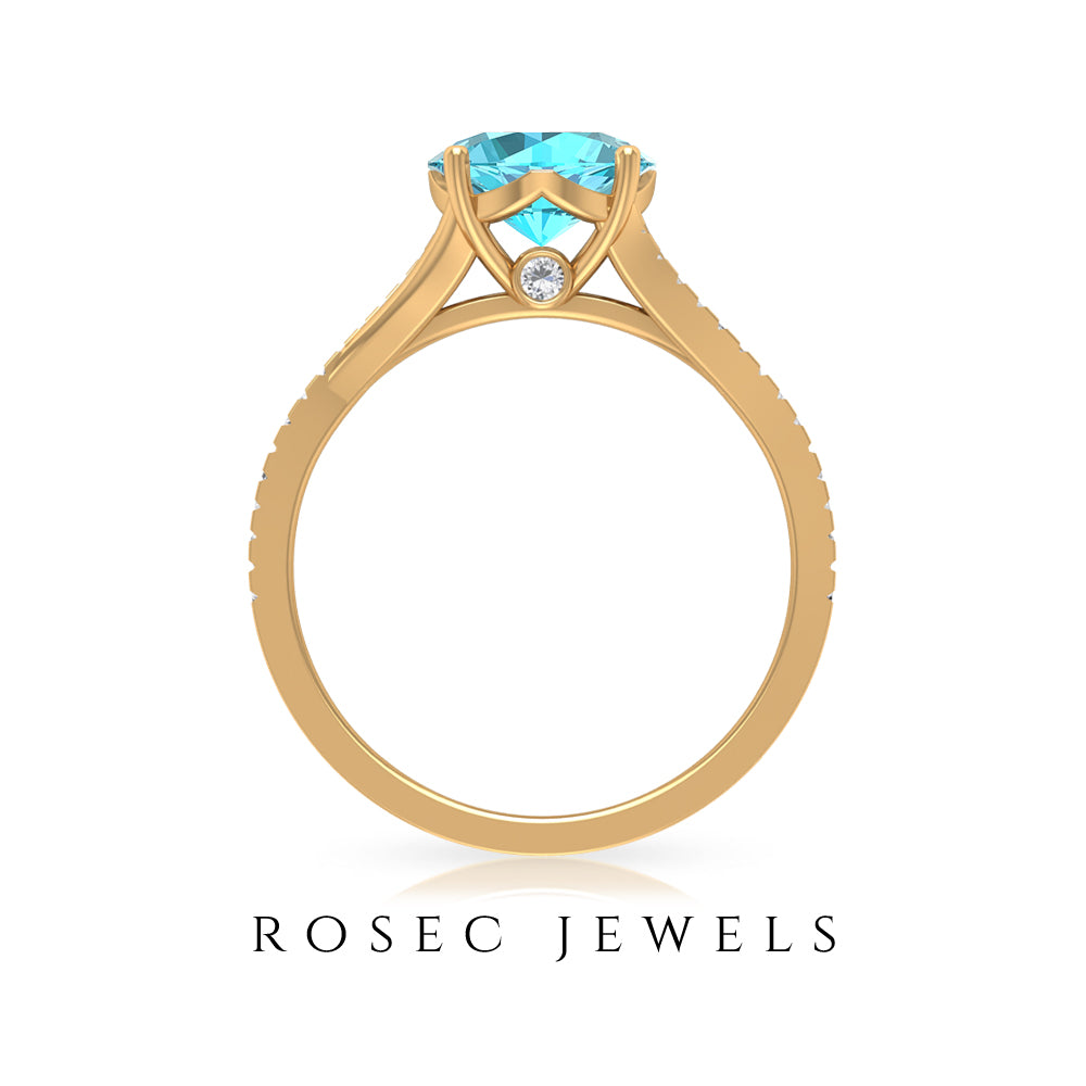 Split Shank Swiss Blue Topaz Solitaire Engagement Ring with Diamond Accent Swiss Blue Topaz - ( AAA ) - Quality - Rosec Jewels