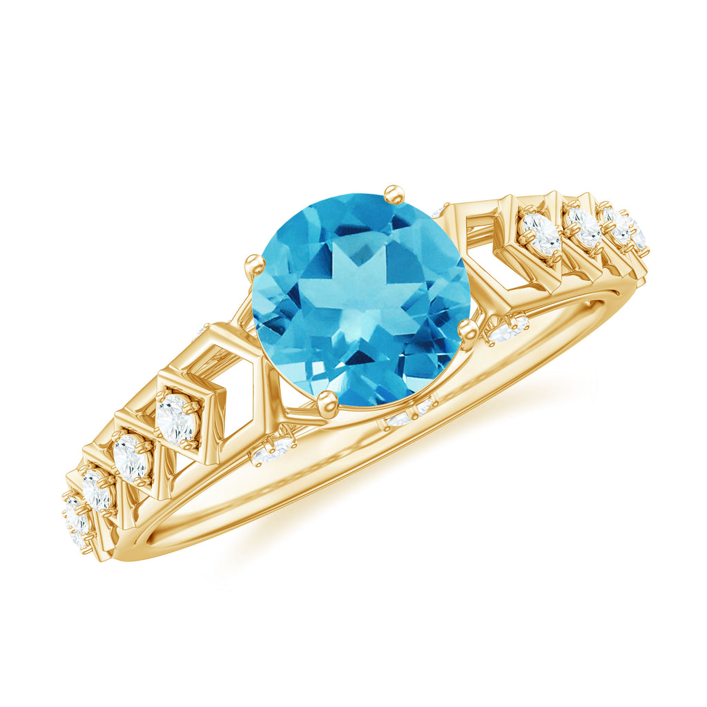 1.25 CT Round Swiss Blue Topaz Vintage Ring with Diamond Accent Swiss Blue Topaz - ( AAA ) - Quality - Rosec Jewels