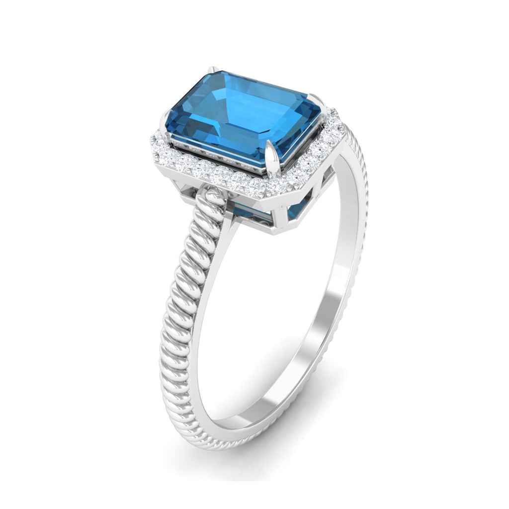 1.25 CT Octagon Cut London Blue Topaz Solitaire Ring with Diamond Halo London Blue Topaz - ( AAA ) - Quality - Rosec Jewels