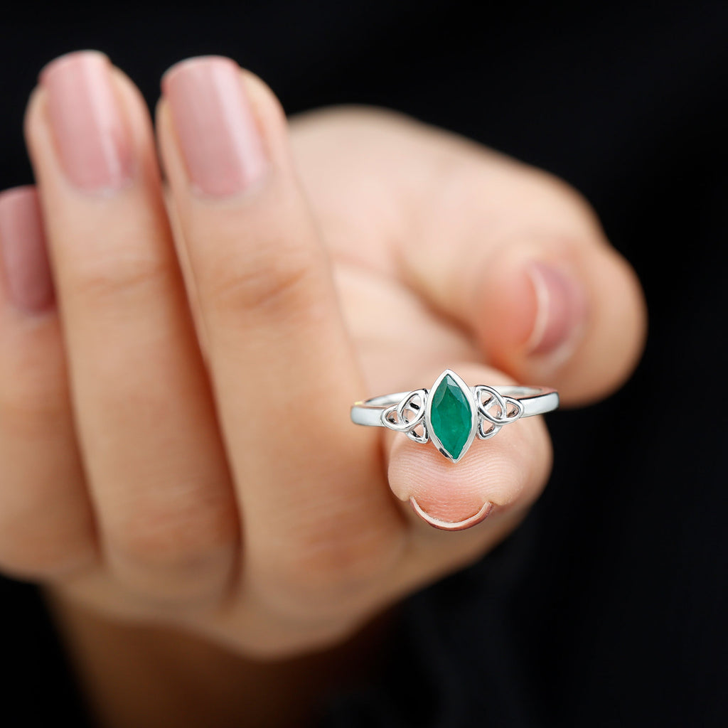 Marquise Cut Emerald Solitaire Celtic Ring in Bezel Setting Emerald - ( AAA ) - Quality - Rosec Jewels
