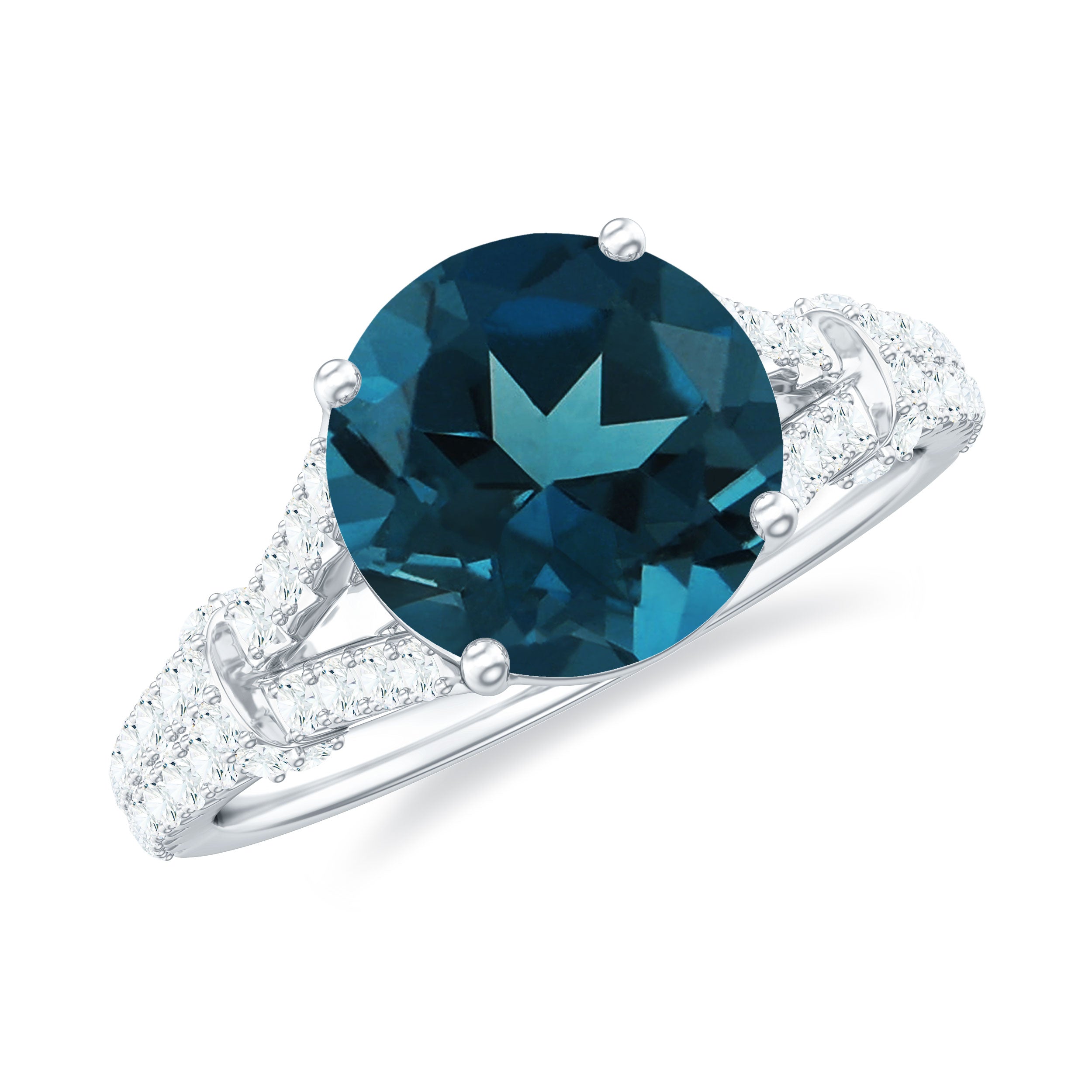 Solitaire London Blue Topaz and Diamond Ring with Cathedral Shank London Blue Topaz - ( AAA ) - Quality - Rosec Jewels