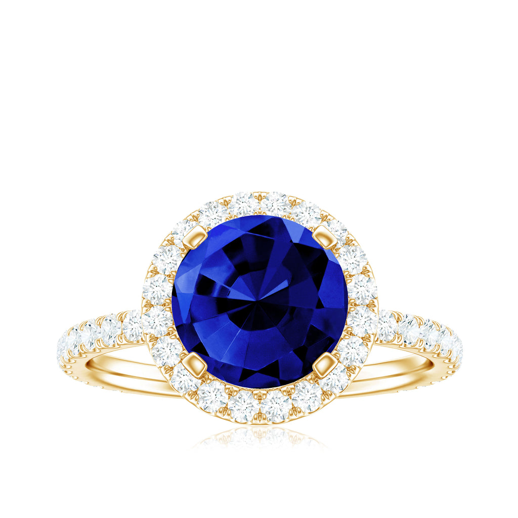 Round Created Blue Sapphire Classic Halo Engagement Ring with Diamond Lab Created Blue Sapphire - ( AAAA ) - Quality - Rosec Jewels